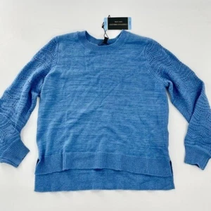 NUEVO CON ETIQUETAS Christian Siriano Nueva York Tejido Cuadrado Boho Abierto Crochet Suéter Azul Cuello Redondo - Imagen 1 de 10