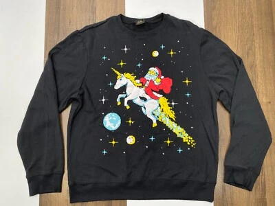Fifth Sun Black Adult M Sweater Pixel Santa On Unicorn Space Ugly Christmas - Image 1 of 4