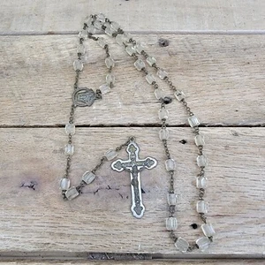 Clear Beaded Catholic Rosary Necklace Prayer Beads Crucifix - Picture 1 of 4