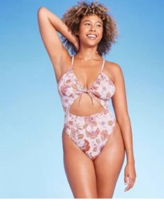 Womens Ribbed Plunge Front Cut Out One Piece Swimsuit - Shade & Shore Cream 46DD - Picture 1 of 5