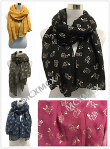 Women Ladies Long Foil Rose Gold Googly Rabbit Print Metallic Pattern Scarf - Picture 1 of 13