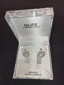 GLITZ Crystal Platinum Plated Heart Earrings Pierced w Box - Picture 1 of 9