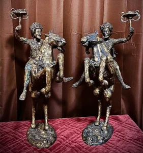Pair Ornate Brutalist Brass Warriors on Rearing Horses Candleholders 30" Tall - Picture 1 of 11