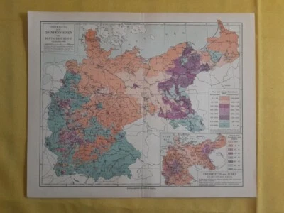 1897 GERMAN EMPIRE CONFESSIONS Vintage Geography Map ORIGINAL 11.5 x 9.5"- C11-8 - Image 1 of 3