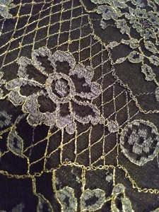 35" X 14" METALLIC GOLD OUTLINED PEWTER ON BLACK CHANTILLY FRENCH LACE - Picture 1 of 3