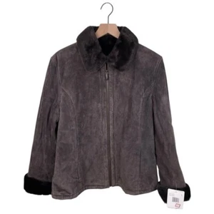 Vintage 90s Y2K Liz Claiborne Brown Suede Faux Fur Jacket Women's Size Large NWT - Picture 1 of 10