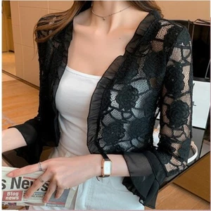 Women Ruffles Lace Cardigan Sheer Cape Flare Sleeve Shrug Bolero Capelet - Picture 1 of 16
