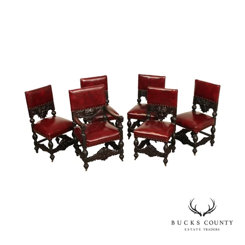 Victorian Goth. Revival Set 6 North Wind Carved Mahogany & Leather Dining Chairs Cover