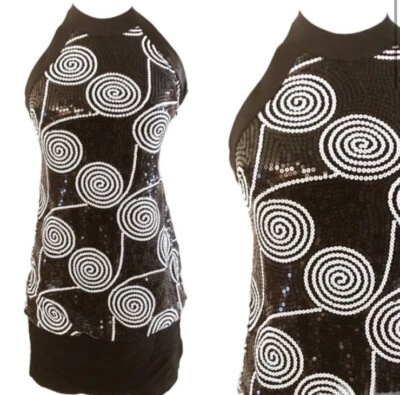 Vestido halter vintage de finales de 1990 blanco y negro con lentejuelas de Cache, vestido de graduación, 2 Foto 1 de 4