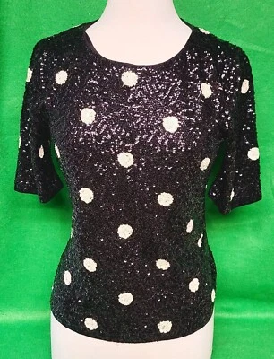 Jersey tejido festivo de lentejuelas negro con punto blanco J Crew mediano fiesta cóctel Foto 1 de 4