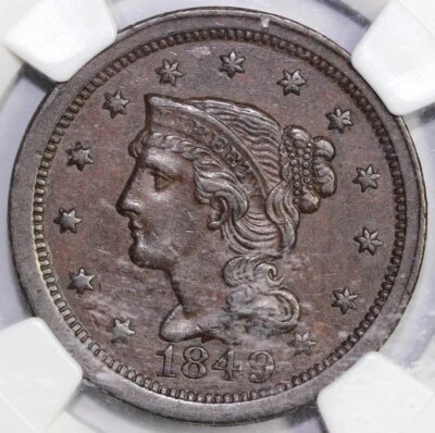 1849 1c N-23 Braided Hair Large Cent NGC AU 55 - Image 1 of 4