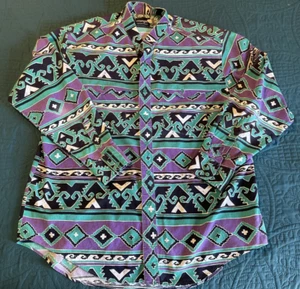 Vintage 90s Wrangler Brush Popper Long Sleeve Shirt Aztec Purple Black Green XL - Bild 1 von 24