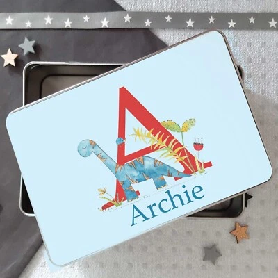 Personalised Dinosaur Treat Tin, Hand Made, Boys Birthday Gift Idea, Name - Image 1 of 4