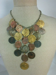 Vtg Mixed Metal Faux Coin Lightweight Bib Collar Drape Dangle Statement Necklace - Picture 1 of 16