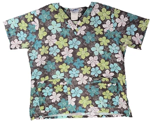 Landau Floral Scrub Top Womens Large Brown Shirt Blue White Green Flowers V-Neck - Picture 1 of 17