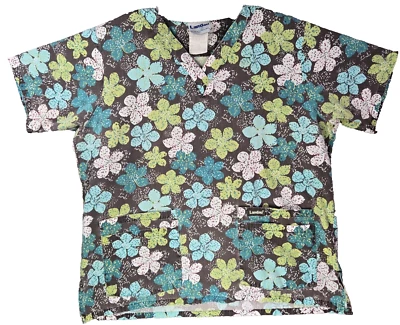 Blusa Médica Landau Floral Mujer Grande Marrón Camisa Azul Blanco Verde Flores Cuello en V Foto 1 de 4