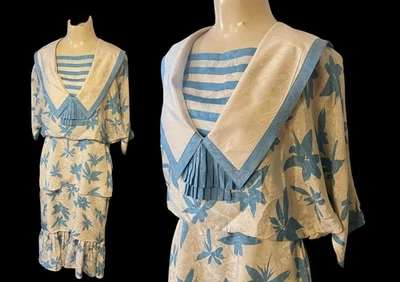 1980'S VINTAGE FLORA KUNG 100% SILK SOIE SHEATH DRESS WHITE & TURQUOISE - Image 1 of 4