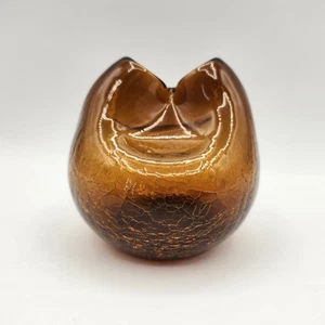 Vintage Blenko MCM Hand Blown Mini Pinched Vase Crackled Dark Amber Art Glass - Picture 1 of 11