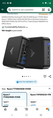 KAMRUI E3B 4K MINI PC AMD Ryzen 7 5825U 16GB DDR4 512GB SSD Windows 11 Pro WIFI6 - Image 1 of 4