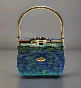 Peacock Coloured Hand Cluch & Long Strapped Hand Bag "Paris" Golden Button New - Picture 1 of 6