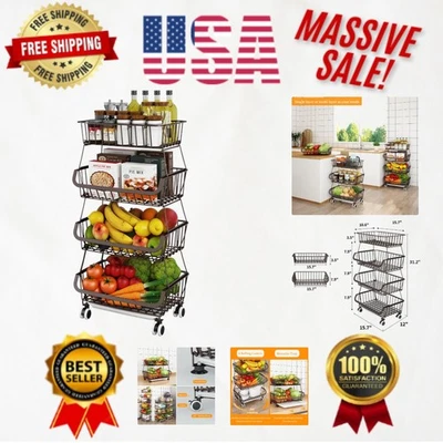 Elegante carro de cesta de alambre de metal de 4 niveles con ruedas - perfecto para cocina y despensa Foto 1 de 4