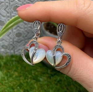 Mother of Pearl and Marcasite natural gemstone Earrings, sterling silver 925 - Picture 1 of 3