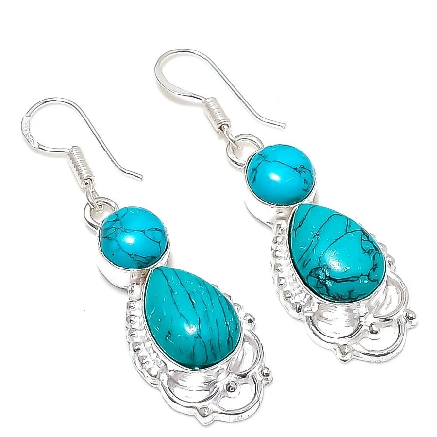 Blue Turquoise Gemstone Handmade 925 Sterling Silver Jewelry Earrings Size 1.9" - Image 1 of 1