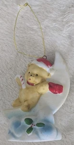 Christmas Ornaments Porcelain Bisque Heavenly SANTA Bear Sitting on Moon Vintage - Picture 1 of 7
