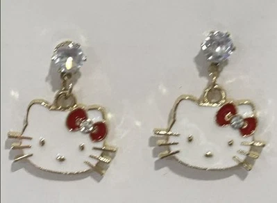Hello Kitty Cat Red Bow Crystal Kitty Cat Dangle Earrings NWOT - Image 1 of 4