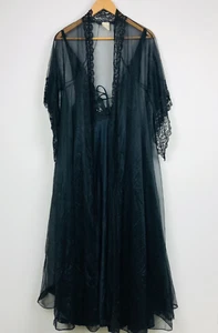 VTG Cahill Lingerie Womens Long Night Gown & Sheer Robe Lace Trim Black One Size - Picture 1 of 9
