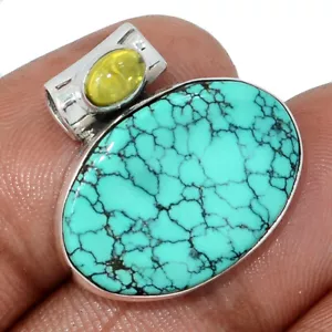Natural Spider Web Turquoise - Tibetan & Peridot 925 Silver Pendant CP66178 - Picture 1 of 1