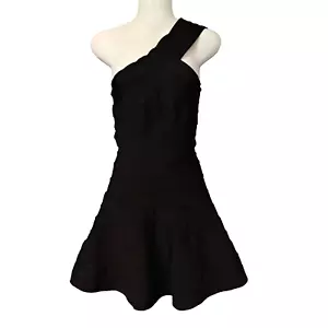Herve Leger Size S Au 8 Black Ribbed Stretch One Shoulder Bodycon Party Dress - Picture 1 of 6