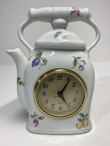 Cute Vintage White Ceramic Teapot Tabletop Mantle Clock Fruit Tested and Working Cover