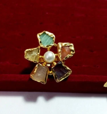 Natural Multi stone Handmade Adjustable Ring Gemstone Brass Ring Raw Ring. - Image 1 of 4