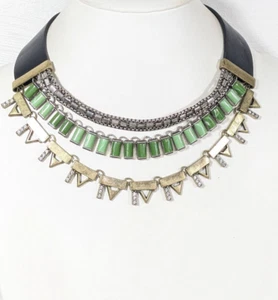 Charming Charlie Boho Aztec Green Bronze Tone Triangle Faux Leather Necklace - Picture 1 of 10