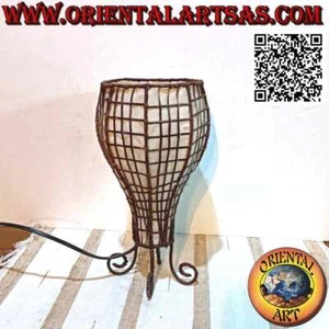 Lampada da tavolo etnica, "coppa quadrettata" a base tonda in cotone e bambù da - Foto 1 di 3