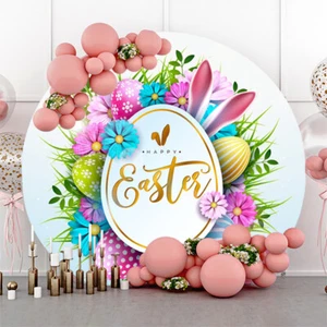 Round Happy Easter Theme Backdrop Egg Flower Photo Background Banner Decoration - Picture 1 of 7