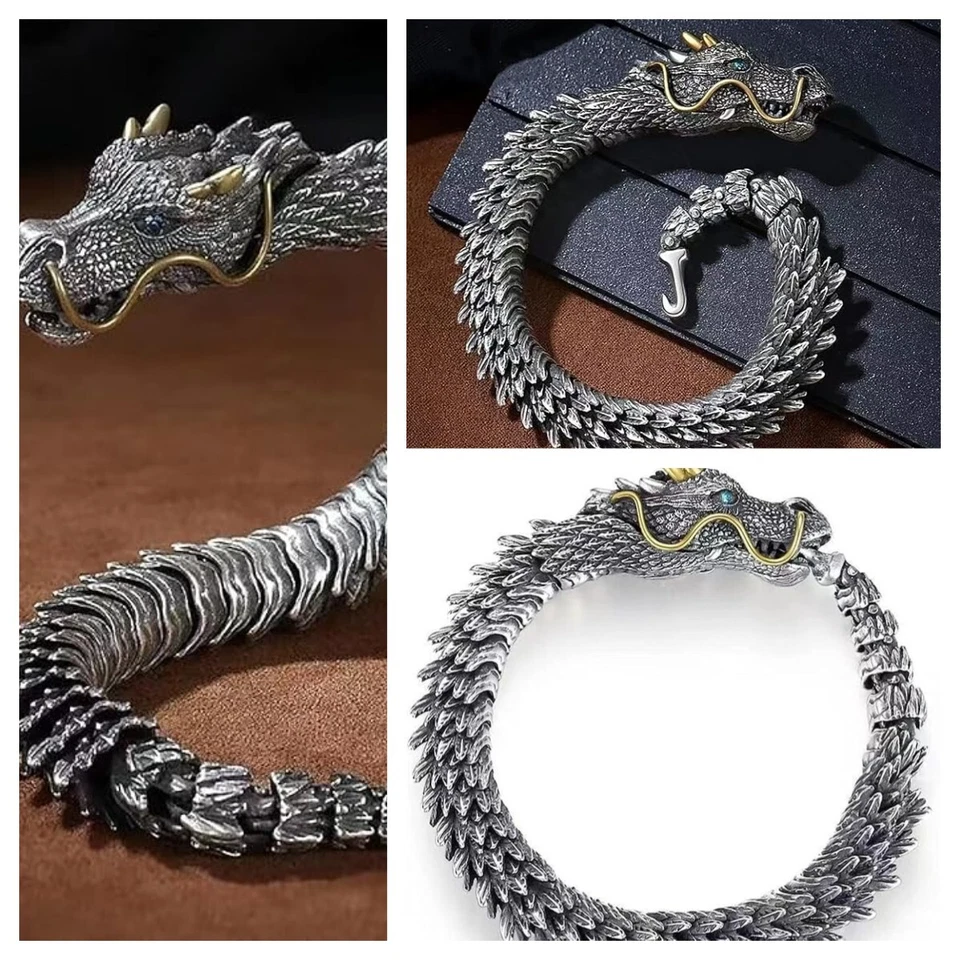 Viking Dragon Mens Bracelet Stainless Steel Scale Chain Cuff Bangle Punk Jewelry - Image 1 of 4