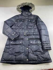 Barbour  Fibre Down Long Puffer Jacket Coat Blue Quilted Hood Women's 14 US