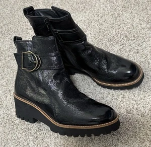 Paul Green Black Patent leather Buckle wedge boots Booties New Size 7 1/2 7.5 - Picture 1 of 6