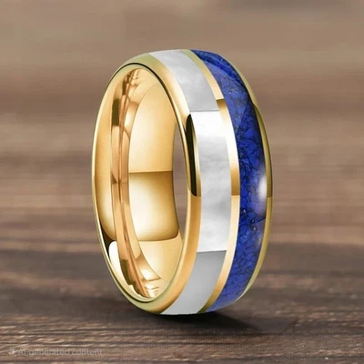 6/8MM Tungsten Carbide Ring Band Dome Lapis Lazuli And Mother Of Pearl Ring - Image 1 of 4