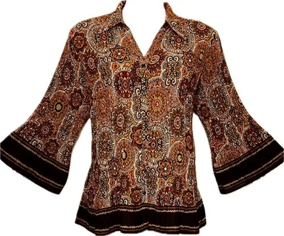 DressBarn Fall Colors 2X Rust Browns Burgundy Medallion Filigree Classic Top - Image 1 of 4