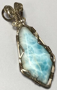 Larimar Wire Wrapped Pendant Genuine Gemstone Solid Sterling Silver Handmade NOS - Picture 1 of 8