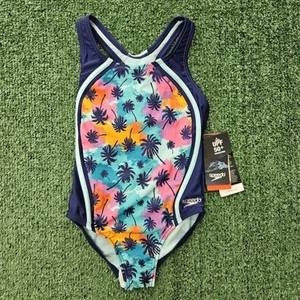 SPEEDO Big Girl's Size 7 Swimsuit 1 Pc Swim Aqua Splash Blue Pink Palm Tree NWT - Picture 1 of 6