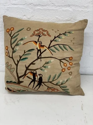 Embroidered Floral Birds Square Decor Throw Pillow Crewel Work - Image 1 of 4