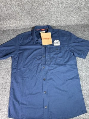 Simms Fishing Shirt Mens Small Blue Short Sleeve Shop Logo Patch Button Up New - Image 1 of 4