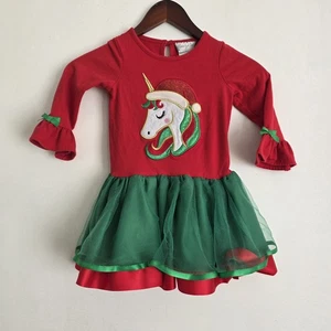 Mädchen Größe 3T Festtagskleid Einhorn Weihnachten Nikolausmütze Party rot grün - Bild 1 von 10