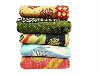 Indian Handmade Vintage Kantha Quilt Reversible Bedspread Twin Cotton Coverlet - Image 1 of 4