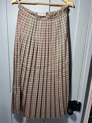 Vintage Classic Jaeger Beige Black and Red Checked Pleated Skirt UK 14 US 12 - Image 1 of 4