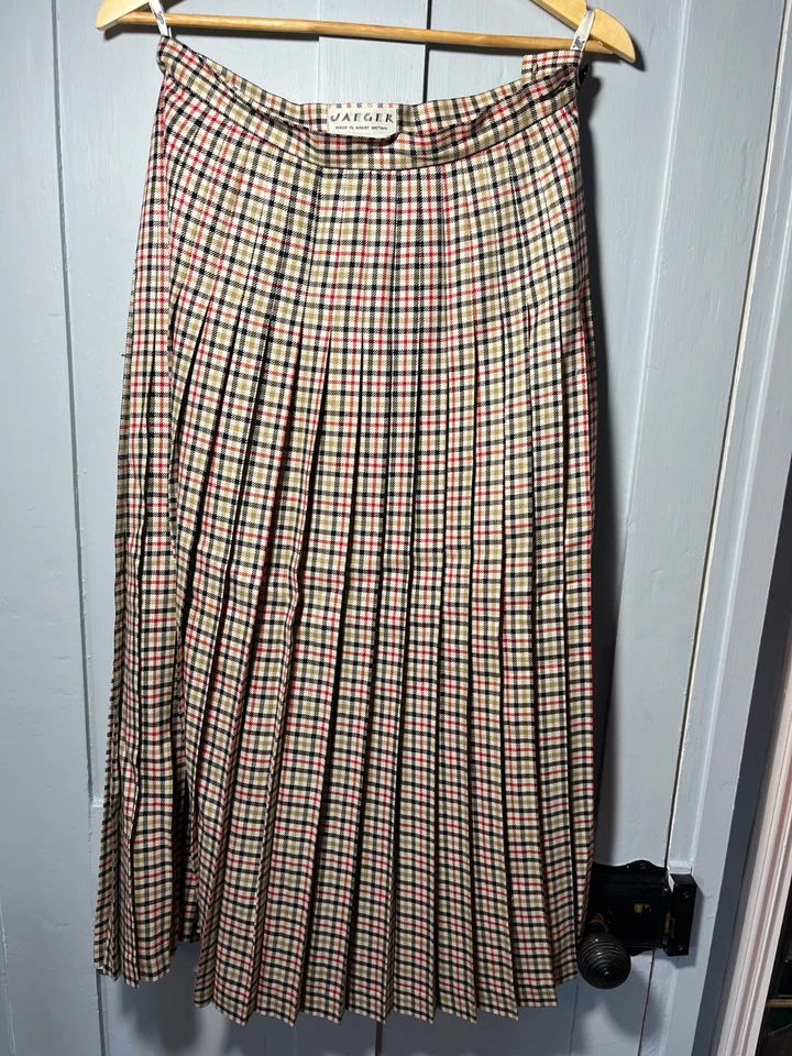Vintage Classic Jaeger Beige Black and Red Checked Pleated Skirt UK 14 US 12 - Image 1 of 4